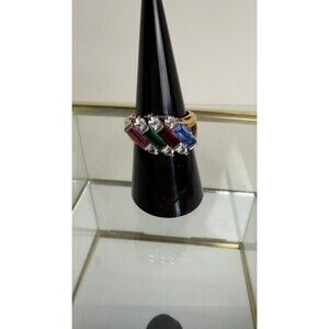 Vintage Multicolor Baguette Rhinestone Cocktail Ring Gold Tone Size 7